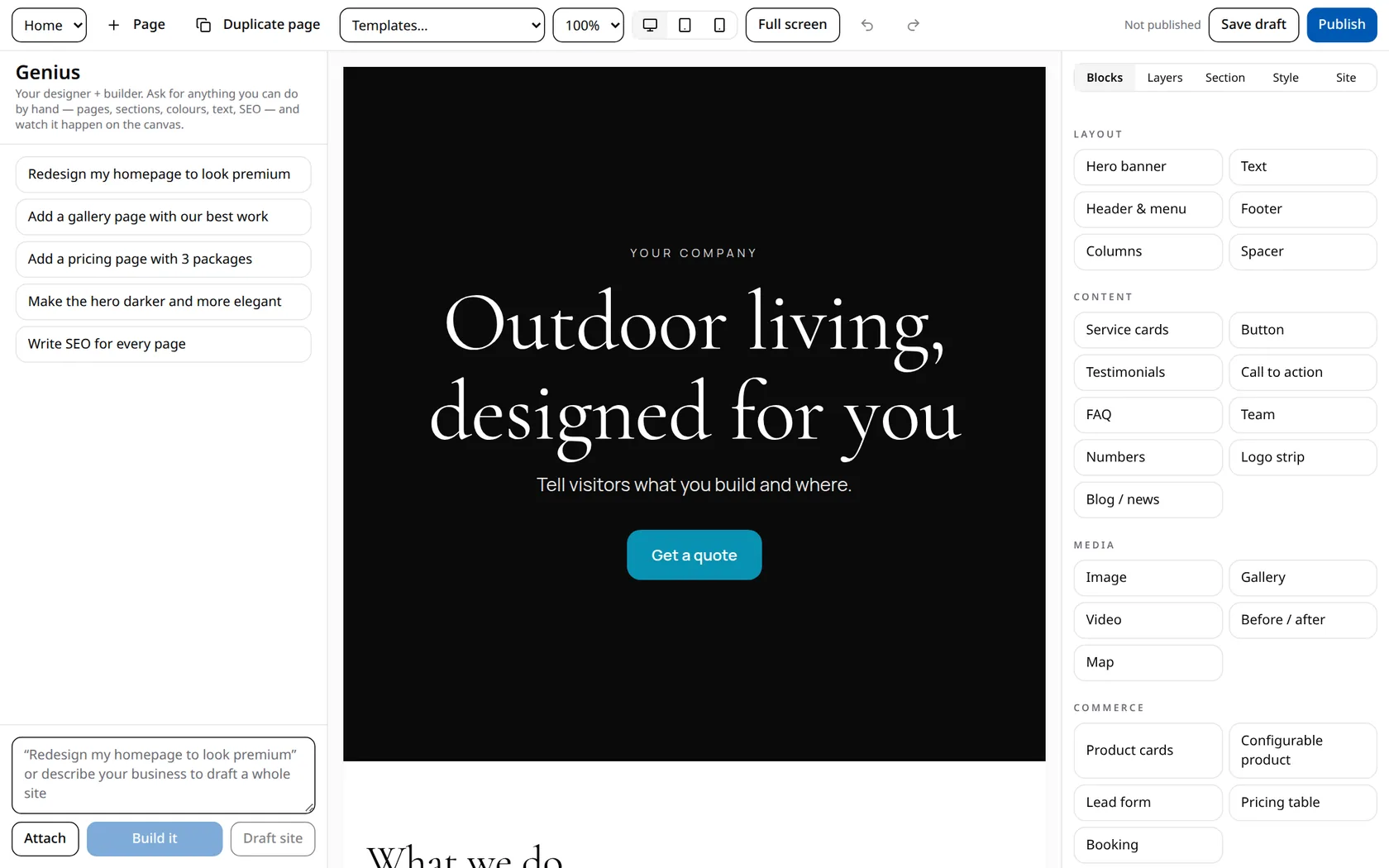The Website Builder, live in the Foss Theory platform
