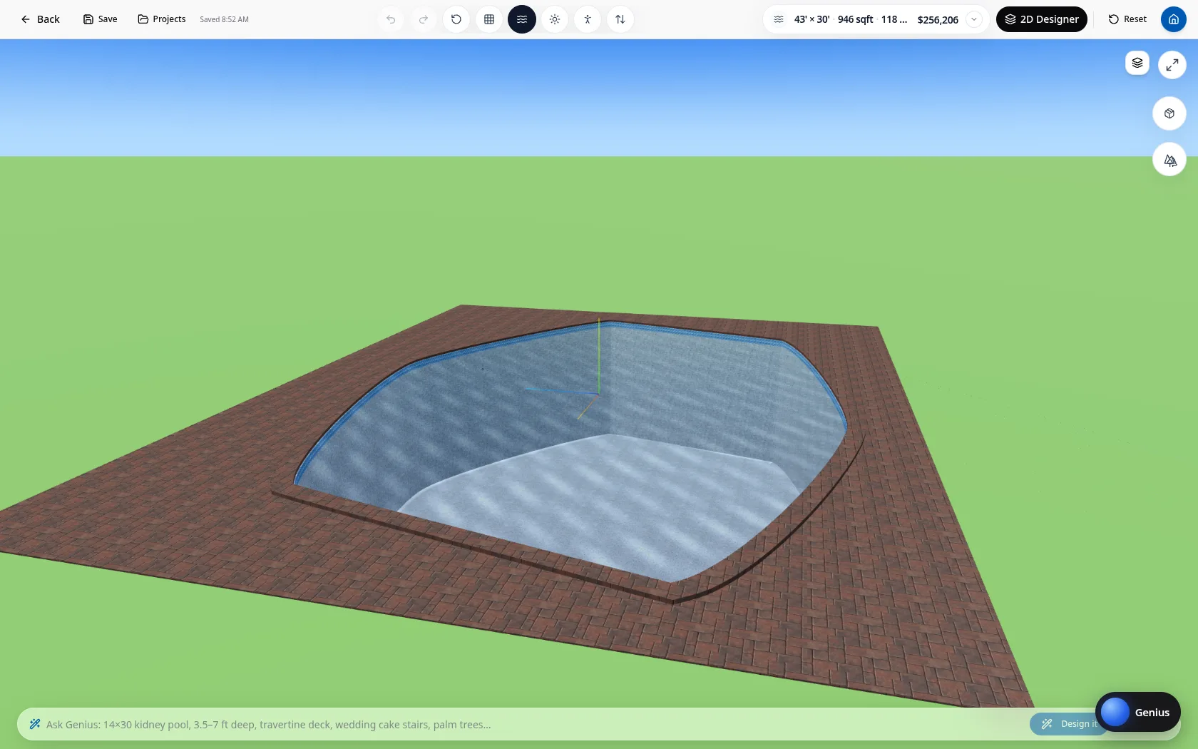 The 3D Studio, live in the Foss Theory platform — a drawn pool design rendered in 3D